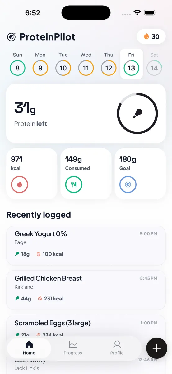 ProteinPilot app showing daily protein tracking dashboard with progress ring, food log, and streak counter